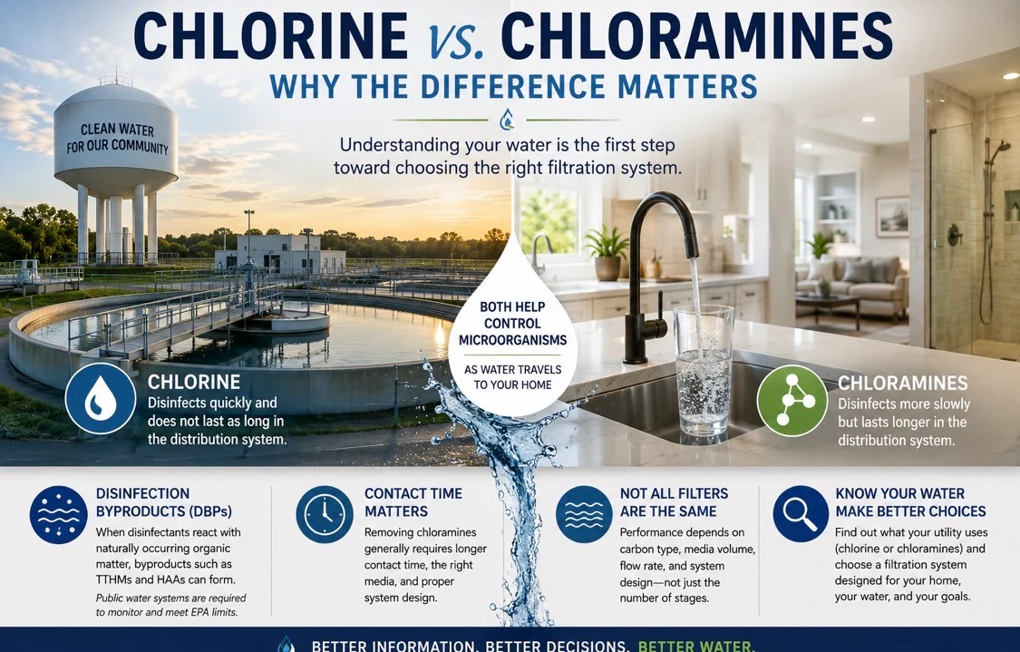 Infographic comparing chlorine and chloramines in public water treatment and home filtration
