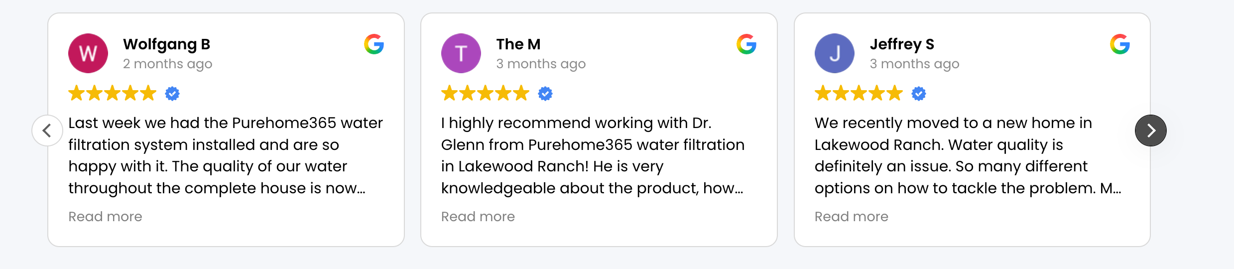 Three verified five-star Google reviews from PureHome365 customers
