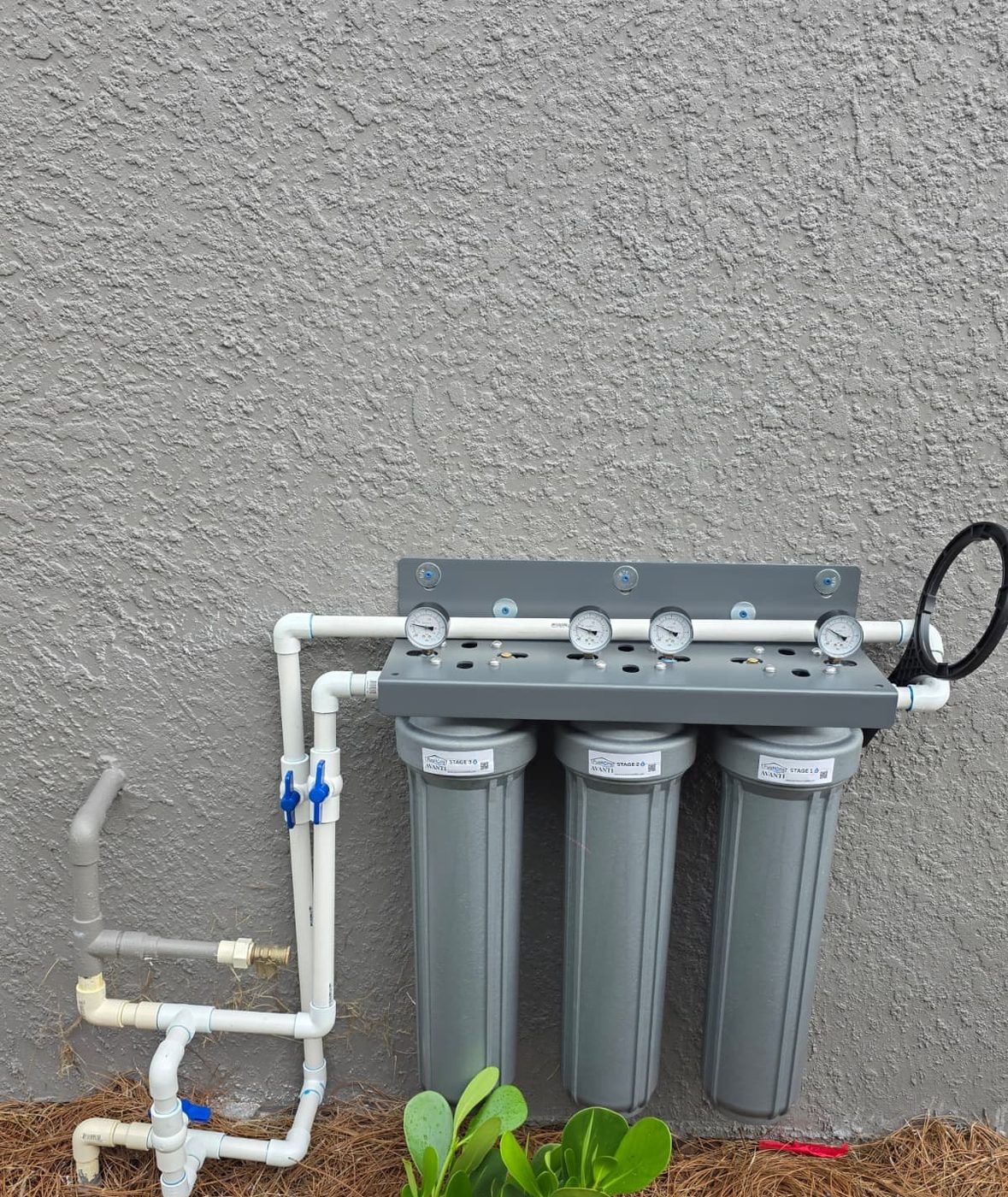 A three-stage AVANTI whole-home water filtration system installed on the exterior wall of a Florida home
