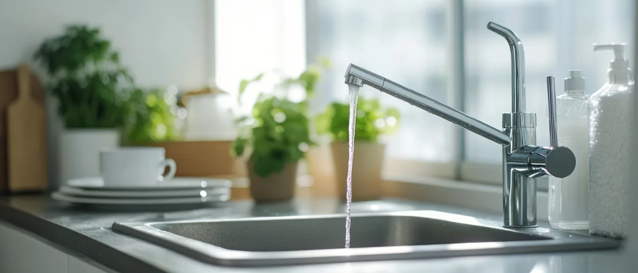 Filtered water running from a modern kitchen faucet