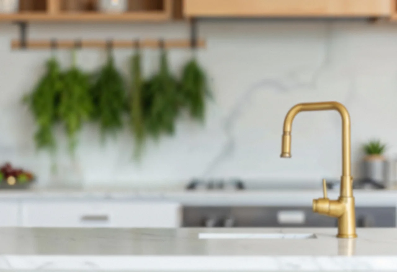 Modern kitchen with a gold faucet